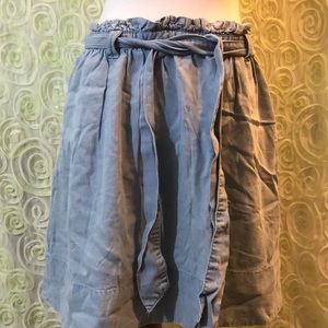 Light blue denim gingham ruffle skirt with pockets